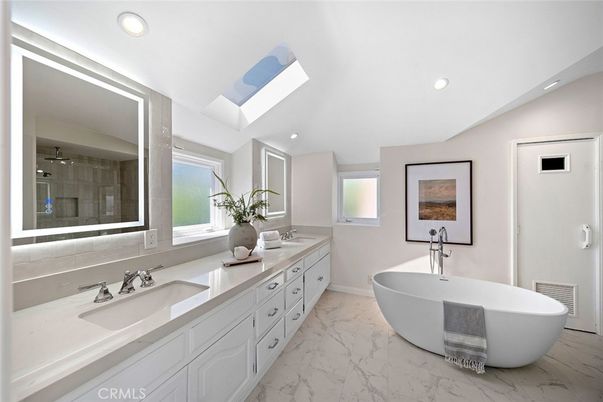 Bathroom, Dual Sink Vanities, Free Standing Baths, Glass Shower, Interior, Marble, Recessed Lighting