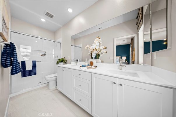 Bathroom, Dual Sink Vanities, Glass Shower, Interior, Recessed Lighting
