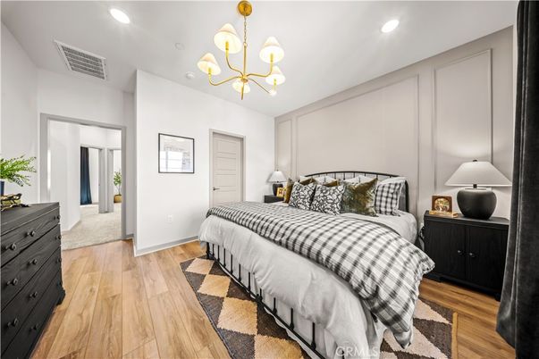 Bedroom, Chandelier, Interior, Pendant Lights, Recessed Lighting, Wood Texture Flooring