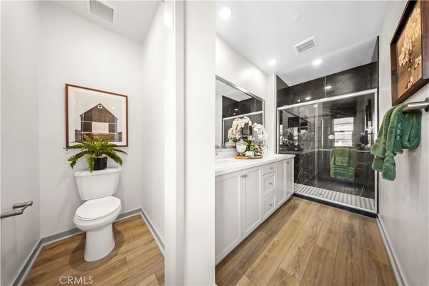 Bathroom, Glass Shower, Interior, Recessed Lighting, Wood Texture Flooring