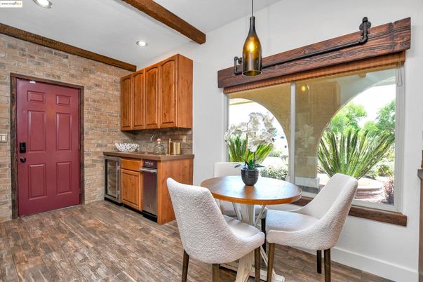 Dining room, Interior, Kitchen, Pendant Lights, Recessed Lighting, Stone Walls, Wooden Beams, Wood Texture Flooring