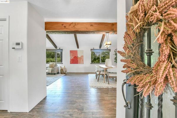 Chandelier, Dining room, Interior, Pendant Lights, Wooden Beams, Wood Texture Flooring