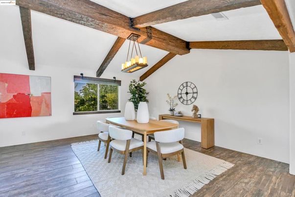 Dining room, Interior, Pendant Lights, Wooden Beams, Wood Texture Flooring