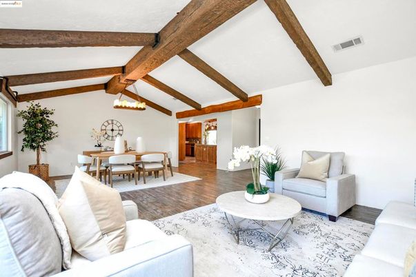 Dining room, Interior, Pendant Lights, Wooden Beams, Wood Texture Flooring