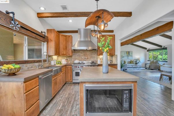 Interior, Kitchen, Living room, Pendant Lights, Recessed Lighting, Stainless Steel Appliances, Wooden Beams, Wood Texture Flooring