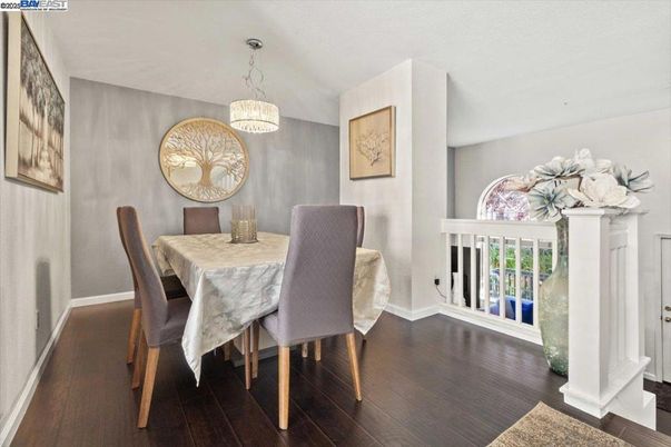 Dining room, Interior, Pendant Lights, Wood Texture Flooring