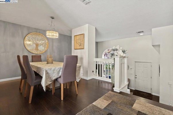 Dining room, Interior, Pendant Lights, Recessed Lighting, Wood Texture Flooring