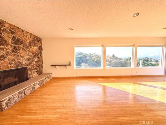 Empty room, Fireplace, Interior, Recessed Lighting, Wood Texture Flooring