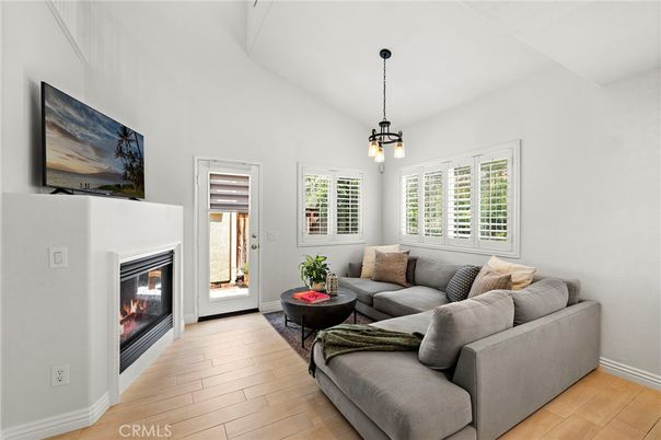 Fireplace, Interior, Living room, Pendant Lights, Wood Texture Flooring