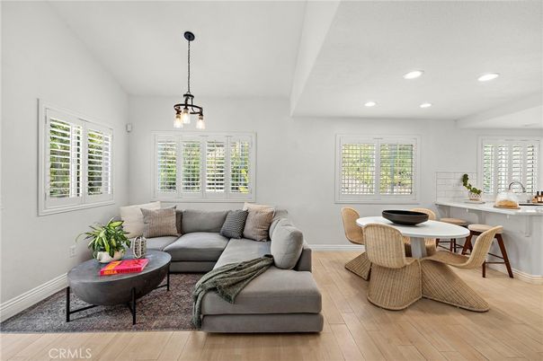 Dining room, Interior, Living room, Pendant Lights, Recessed Lighting, Wood Texture Flooring