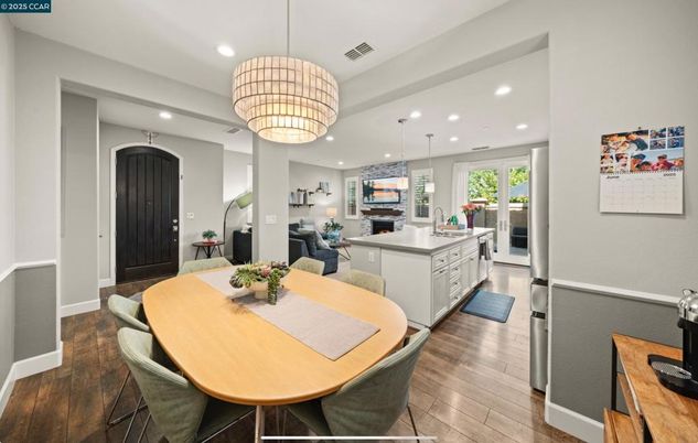 Chandelier, Dining room, Interior, Kitchen, Living room, Pendant Lights, Recessed Lighting, Wood Texture Flooring