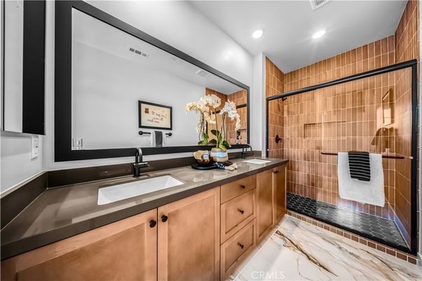 Bathroom, Dual Sink Vanities, Glass Shower, Interior, Recessed Lighting