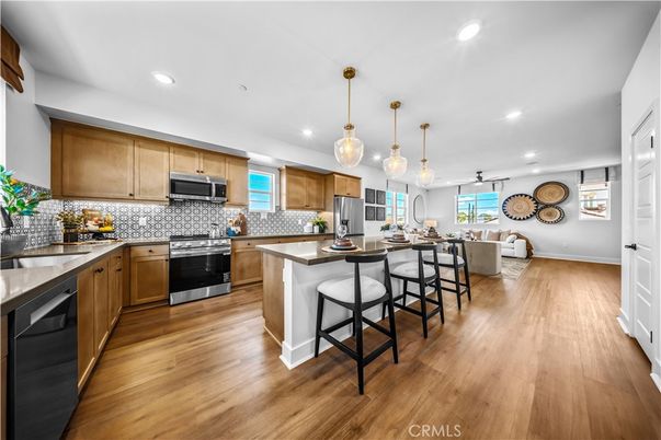 Interior, Kitchen, Living room, Pendant Lights, Recessed Lighting, Stainless Steel Appliances, Wood Texture Flooring
