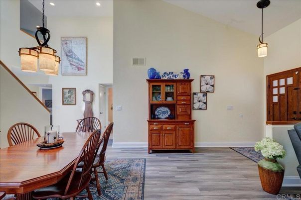 Dining room, Interior, Pendant Lights, Recessed Lighting, Wood Texture Flooring