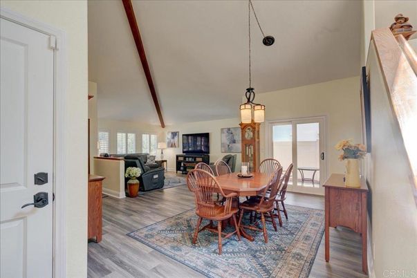Dining room, Interior, Living room, Pendant Lights, Piano, Wood Texture Flooring