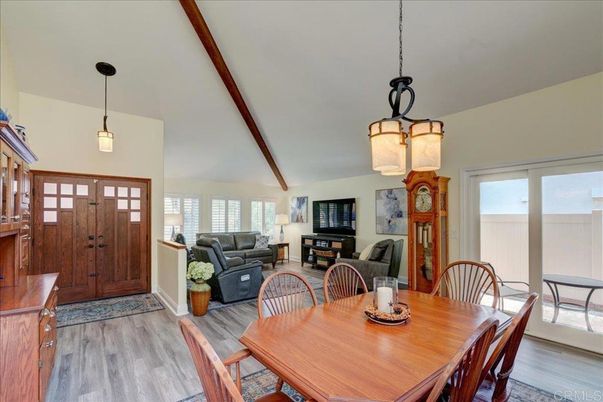 Dining room, Interior, Living room, Pendant Lights, Wood Texture Flooring