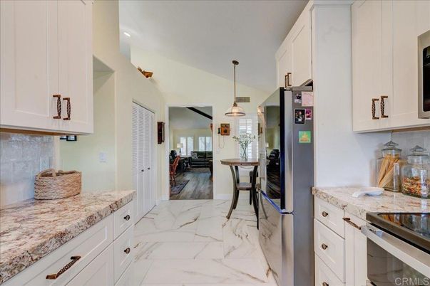 Interior, Kitchen, Marble, Pendant Lights, Recessed Lighting, Wood Texture Flooring