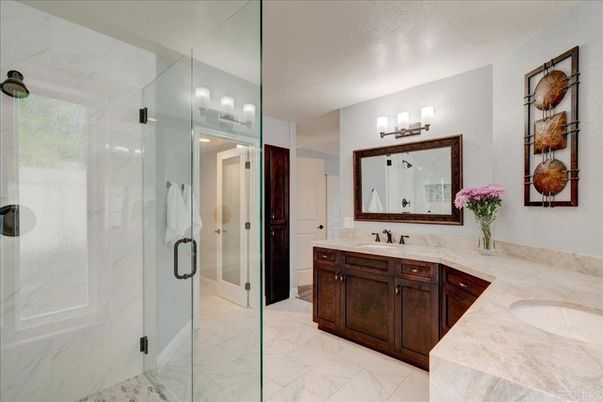 Bathroom, Dual Sink Vanities, Glass Shower, Interior, Marble, Marble Walls