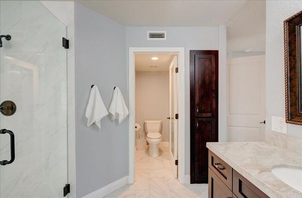 Bathroom, Glass Shower, Interior, Marble, Marble Walls, Recessed Lighting