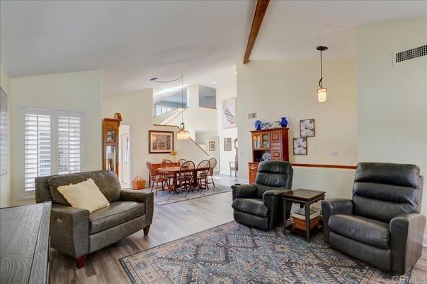 Dining room, Interior, Living room, Pendant Lights, Recessed Lighting, Wooden Beams, Wood Texture Flooring