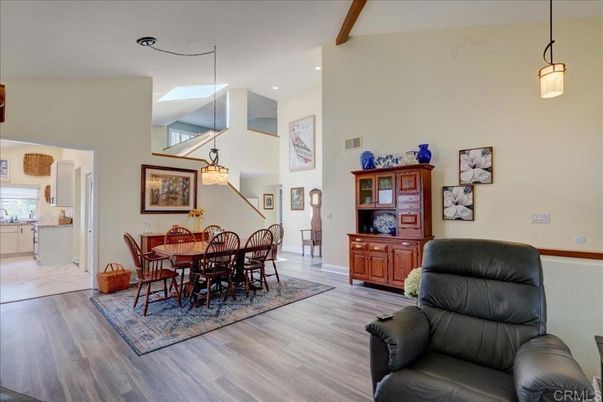 Dining room, Interior, Kitchen, Pendant Lights, Recessed Lighting, Wooden Beams, Wood Texture Flooring