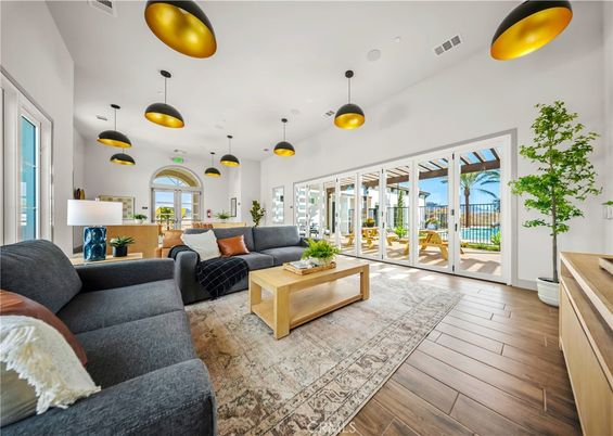 Interior, Living room, Pendant Lights, Wood Texture Flooring