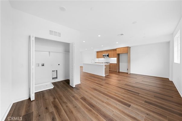 Empty room, Interior, Kitchen, Recessed Lighting, Wood Texture Flooring