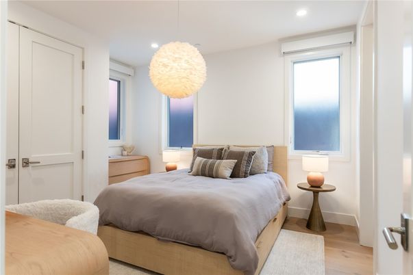 Bedroom, Interior, Pendant Lights, Recessed Lighting, Wood Texture Flooring