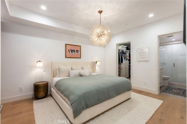 Bathroom, Bedroom, Glass Shower, Interior, Pendant Lights, Recessed Lighting, Wood Texture Flooring