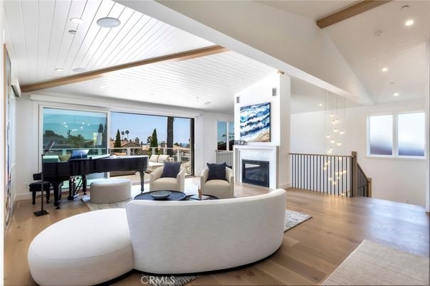 Fireplace, Interior, Living room, Pendant Lights, Piano, Recessed Lighting, Wooden Beams, Wood Texture Flooring