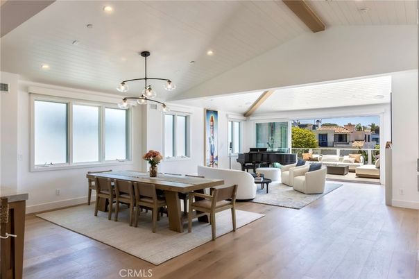 Dining room, Interior, Living room, Pendant Lights, Piano, Recessed Lighting, Wooden Beams, Wood Texture Flooring