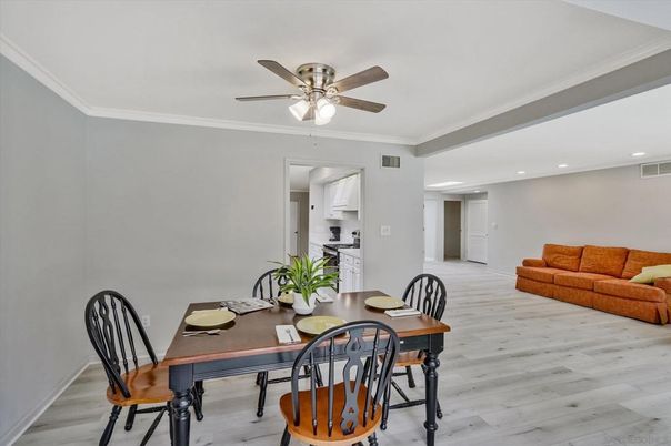 Dining room, Interior, Recessed Lighting, Wood Texture Flooring