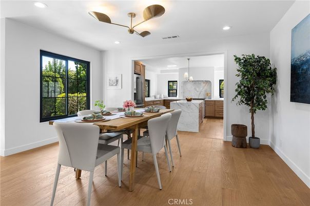 Dining room, Interior, Marble Walls, Pendant Lights, Recessed Lighting, Wood Texture Flooring