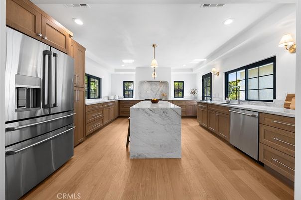Interior, Kitchen, Pendant Lights, Recessed Lighting, Stainless Steel Appliances, Wood Texture Flooring