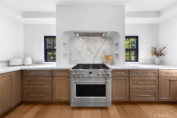 Interior, Kitchen, Marble Walls, Stainless Steel Appliances, Wood Texture Flooring