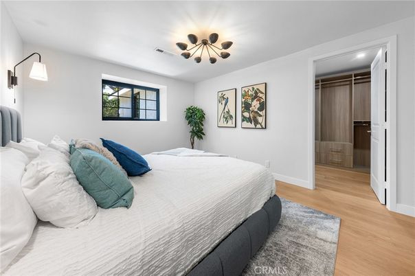 Bedroom, Interior, Pendant Lights, Recessed Lighting, Wood Texture Flooring