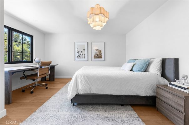 Bedroom, Chandelier, Home Office, Interior, Wood Texture Flooring