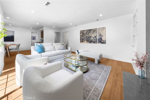 Dining room, Interior, Living room, Recessed Lighting, Wood Texture Flooring