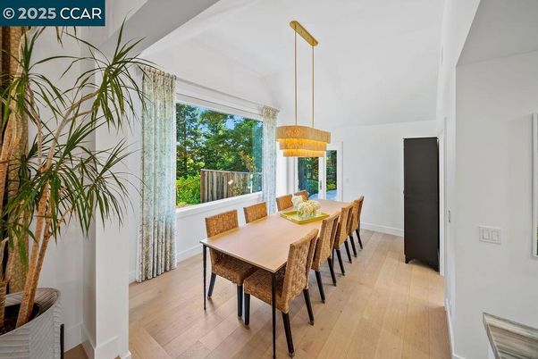 Dining room, Interior, Pendant Lights, Wood Texture Flooring