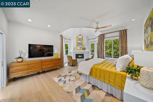 Bedroom, Fireplace, Interior, Recessed Lighting, Wood Texture Flooring