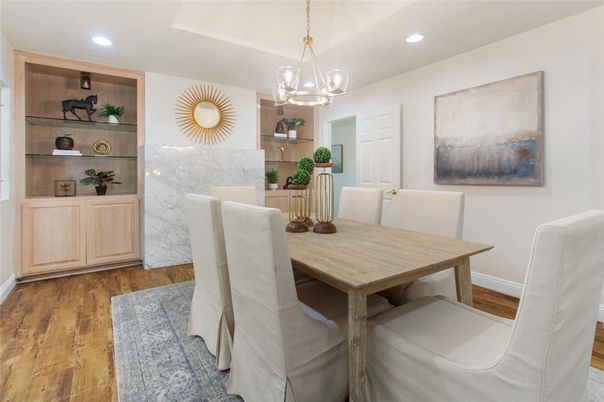 Dining room, Interior, Pendant Lights, Recessed Lighting, Wood Texture Flooring