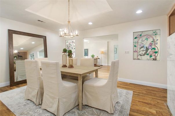 Dining room, Interior, Pendant Lights, Recessed Lighting, Wood Texture Flooring