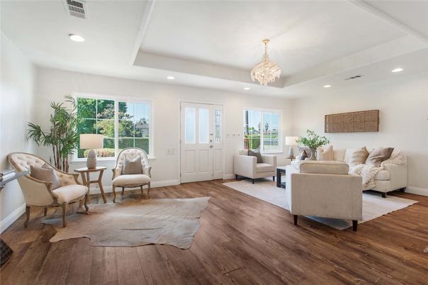 Chandelier, Interior, Living room, Recessed Lighting, Wood Texture Flooring