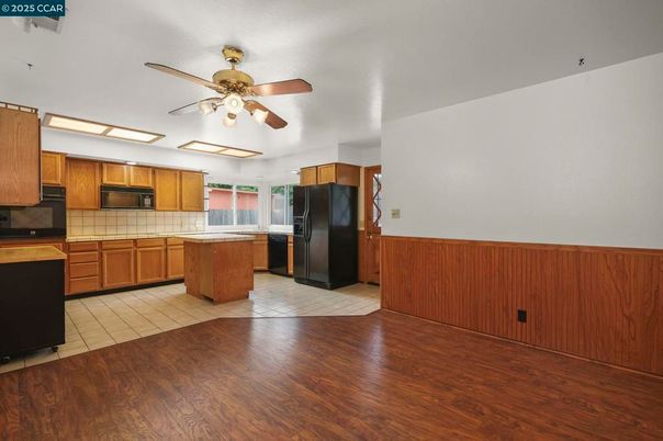 Interior, Kitchen, Tile Countertops, Wood Texture Flooring
