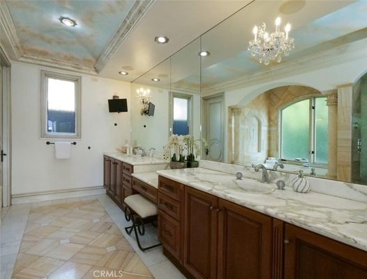 Bathroom, Chandelier, Dual Sink Vanities, Interior, Recessed Lighting