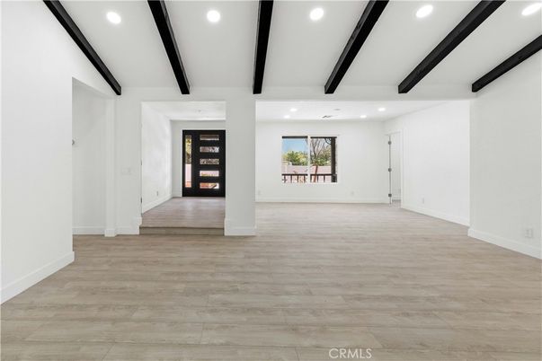 Empty room, Interior, Recessed Lighting, Wooden Beams, Wood Texture Flooring