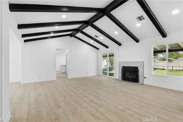 Empty room, Fireplace, Interior, Recessed Lighting, Wooden Beams, Wood Texture Flooring