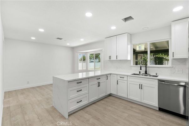 Interior, Kitchen, Marble Walls, Recessed Lighting, Wood Texture Flooring