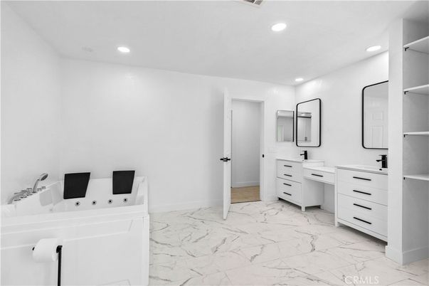 Bathroom, Dual Sink Vanities, Interior, Marble, Recessed Lighting