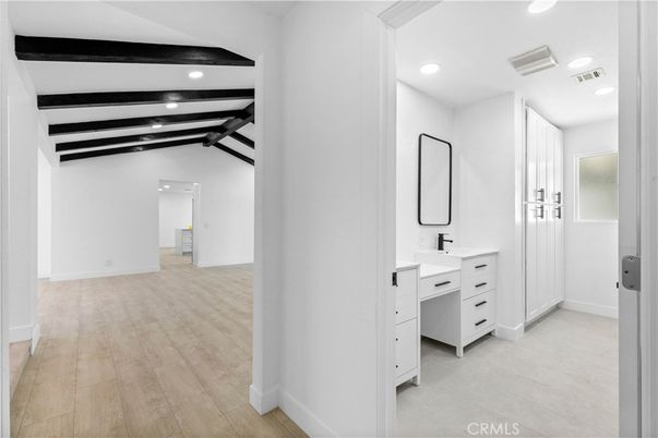 Bathroom, Interior, Recessed Lighting, Wooden Beams, Wood Texture Flooring